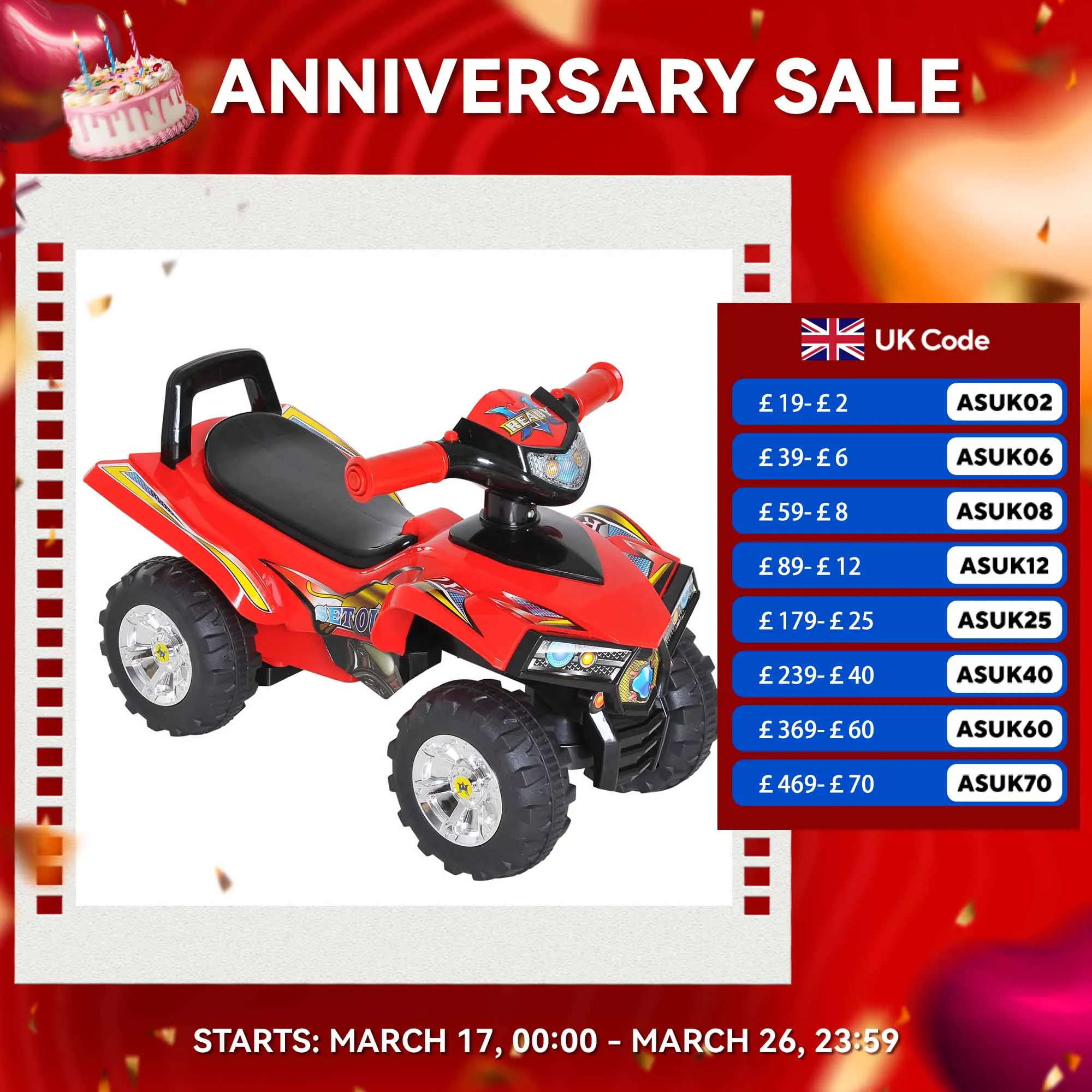 HOMCOM Kids Ride On Quads Boys Girls LED Lights Horn Music Toys 4 Wheels Red