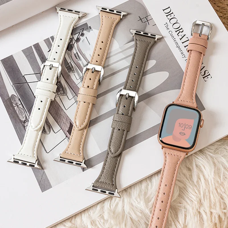 Schlankes Lederarmband für Apple Watch Ultra2/1 49 mm Serie 9 8 7 41/45 mm 38/42 mm Handgelenkarmband iWatch 7 SE 6 5 4 3 40 mm/44 mm Band