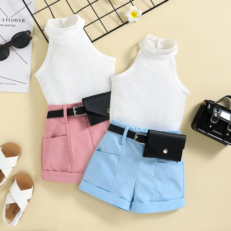 

3PCS Baby Girls Vest Shorts Waistbag Outfits Clothing Summer Kids Sleeveless T-shirt Short Pants Sets Fashion Neck Tops