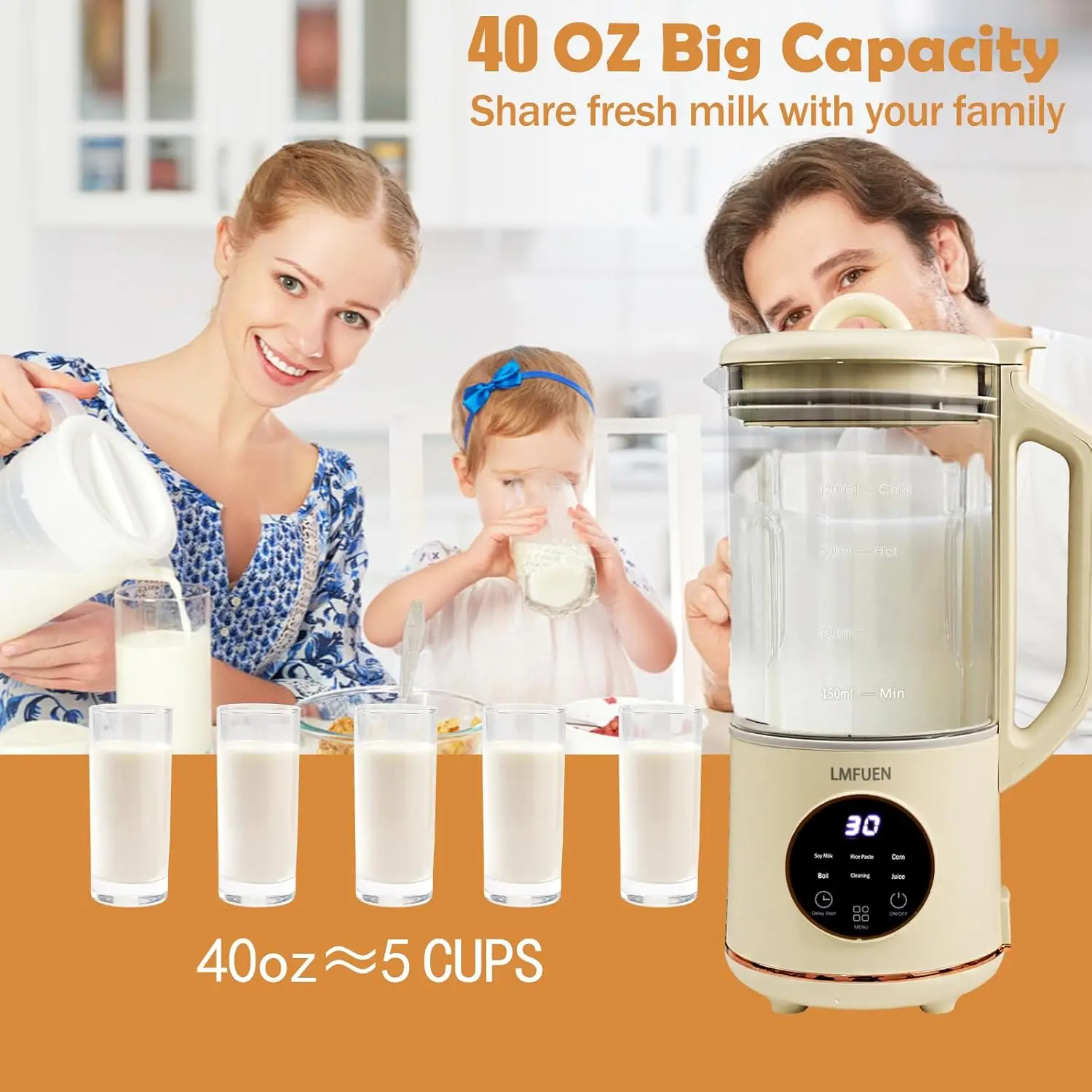 Automatic Nut Milk Maker, 40oz Cold & 27oz Hot Blender, Soy Milk, Juice, Baby Food, Ice Crushing, Delay Start, Keep Warm