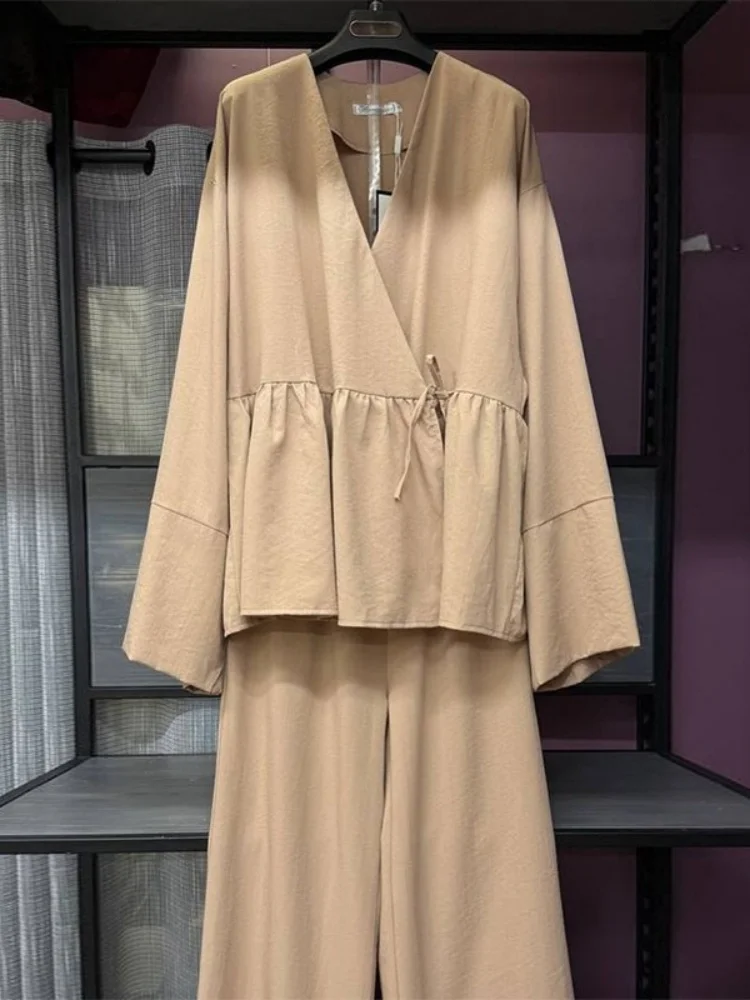 Wmstar Two Pice Set Women Wholesale Woman 2025 Summer New Design V Neck Loose Lace Up Top Wide Leg Long Pants Outfits Fancy Club