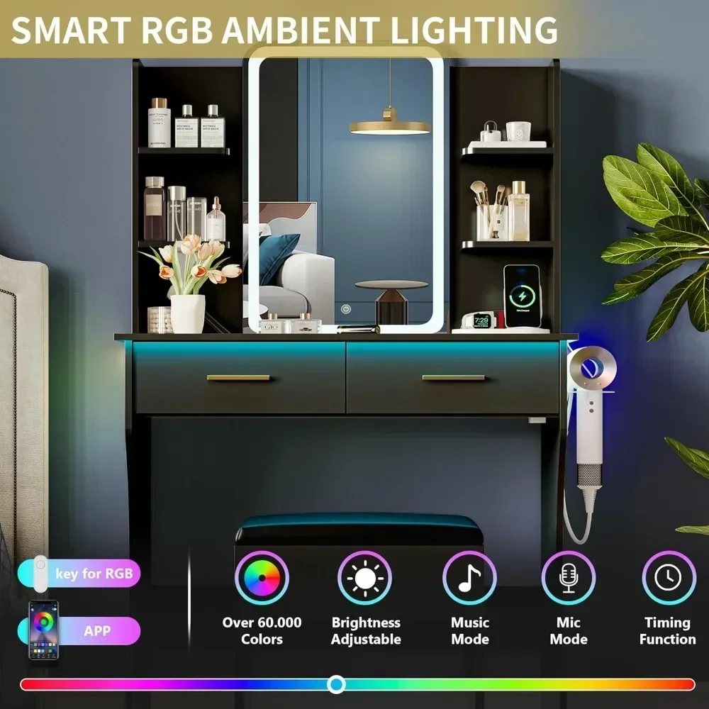 Compact LED-lit Makeup Vanity Table with Storage and Power Outlet, Featuring 3 Lighting Options and Chair