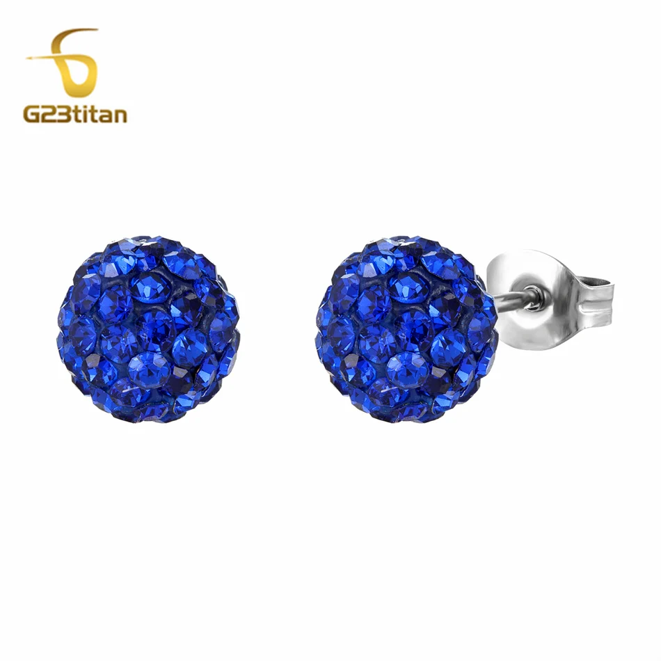 남성용 블루 샴발라 비즈 귀걸이, 크리스탈 디스코 클레이 볼, G23 티타늄 피어싱 이어 스터드, 저자극성 쥬얼리, 10mm, 8mm 