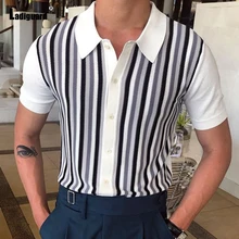

2022 Short Sleeve Men Fashion Polo Shirts Plus Size Model Stripes T-Shirt Button Fly Tops Male Streetwear Lepal Collar Pullovers