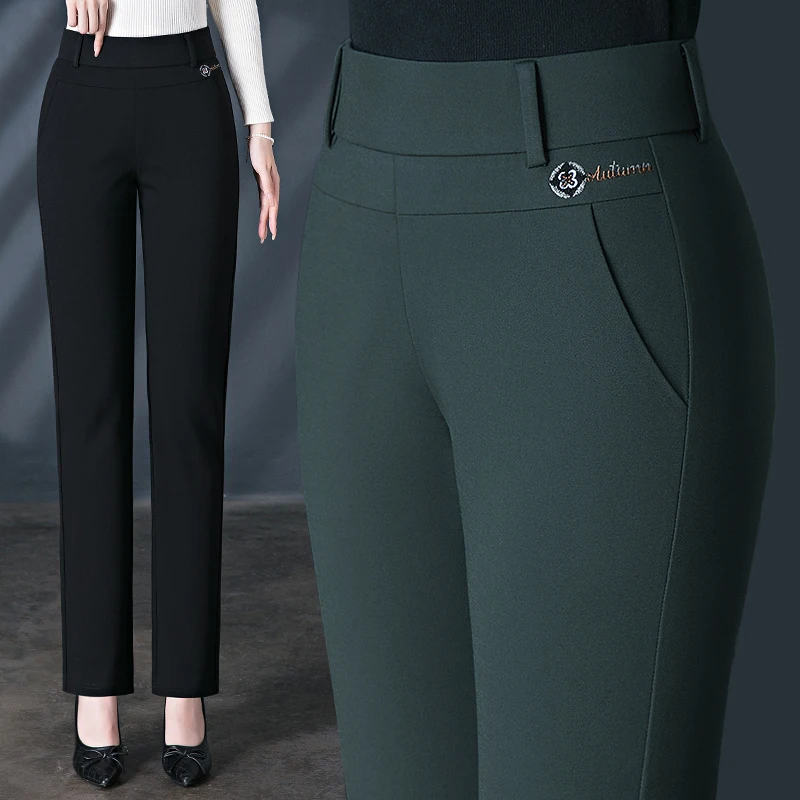 Plus Size Women's Medium Stretch Pants for Office Work, with Pockets and Straight-Leg Cut （M-6XL) fengbaoyu jade cotton silk woman wears a rope tied medium length skirt with comfortable and cool pockets on both sides 4xl5xl