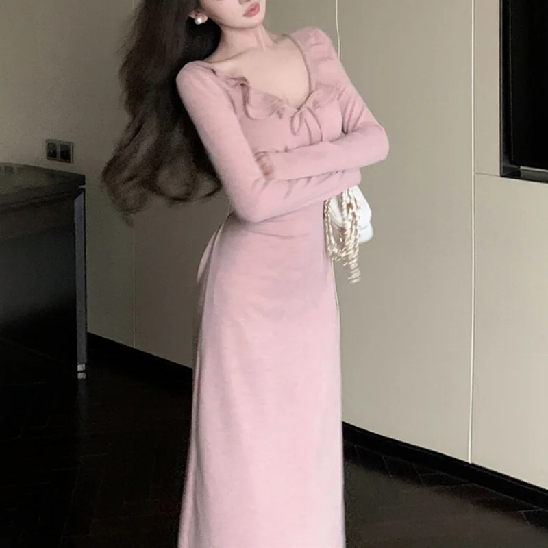 Women Dress y2k Clothes Solid Color Ruffle Tie Up V Neck Long Sleeve Bodycon Long Dresses Party Dresses Streetwear