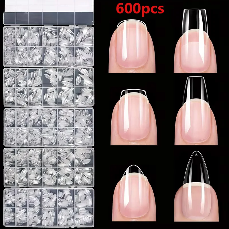 600 Pieces Full-Cover False Nail Stickers Stiletto Style Almond-Shaped Square-Shaped Pointed-Shaped French Style Removable Gel Nail Extension Stickers Capsule Packaging
