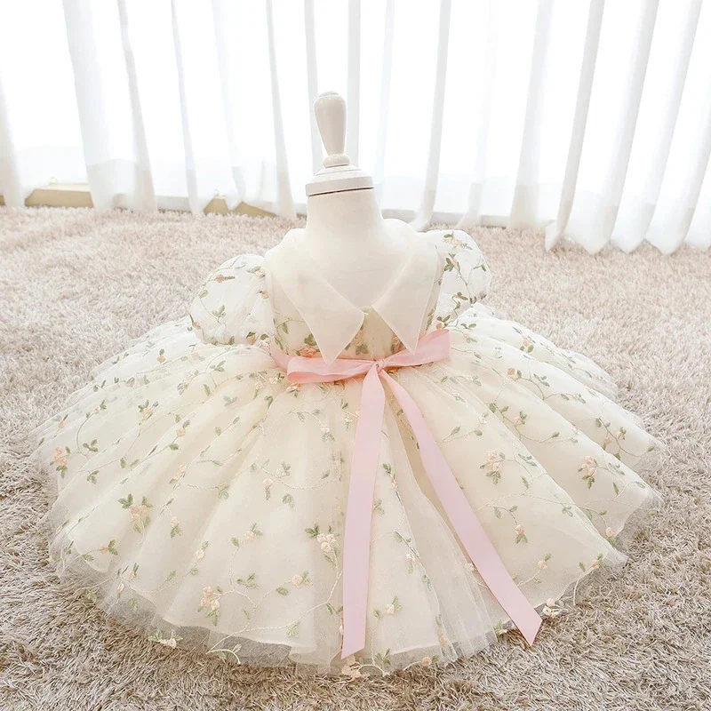 

Infant Bow 1st birthday Baby Dress Costumes Flower Embroidery Princess Party Wedding Dress For Baby White First Communion Dress