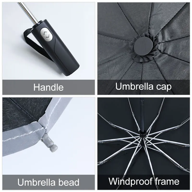 Automatic Umbrella Folding Umbrella Windproof Reverse Automatic Umbrella Rain Women Men Car Large Business 3Folding Umbrellas 10 Ribs Reflective Stripe Paraguas