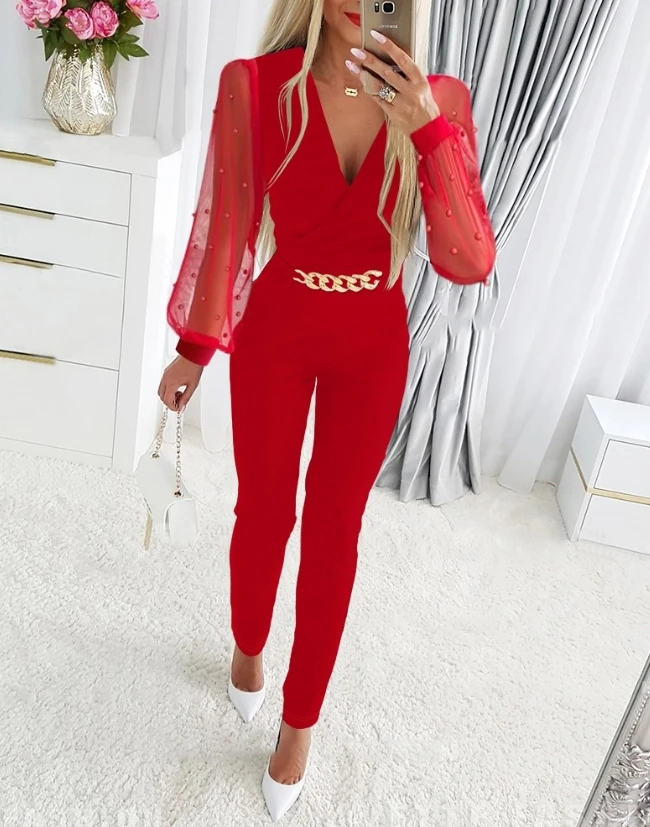 Elegant Jumpsuit Full Body V Neck Ruched Beaded Sheer Mesh Patch Long Sleeve Chain Decor Skinny Jumpsuit Fashion 2024 Clothing solid ruched bodycon jumpsuits for women zipper up long sleeve sexy sheer mesh rompers midnight clubwear party sheath outfits