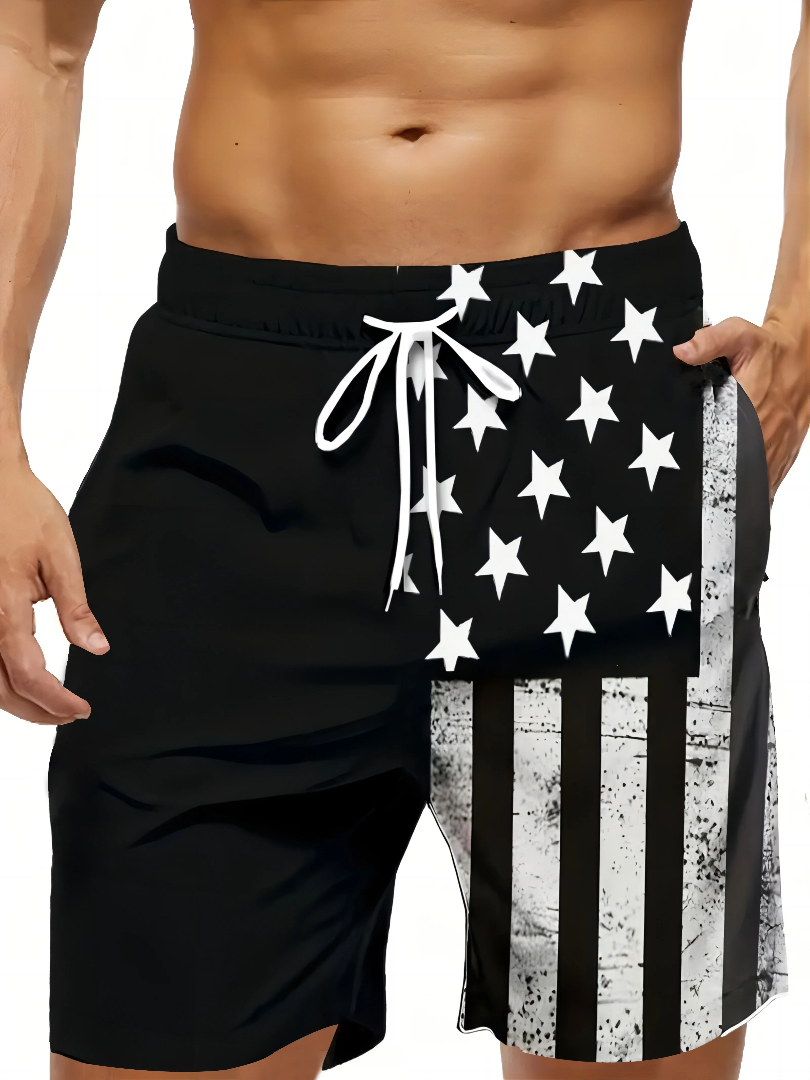 New men's sports casual elastic drawstring shorts personalized retro printing contrasting color leisure sports shorts
