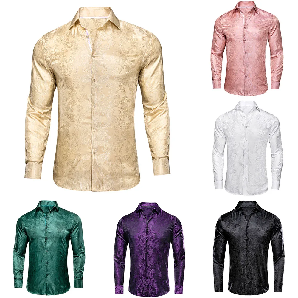 

Hi-Tie Light khaki Mens Silk Shirt Paisley Lapel Long Sleeve Casual Shirt For Men Jacquard Business Party Wedding Dress Designer