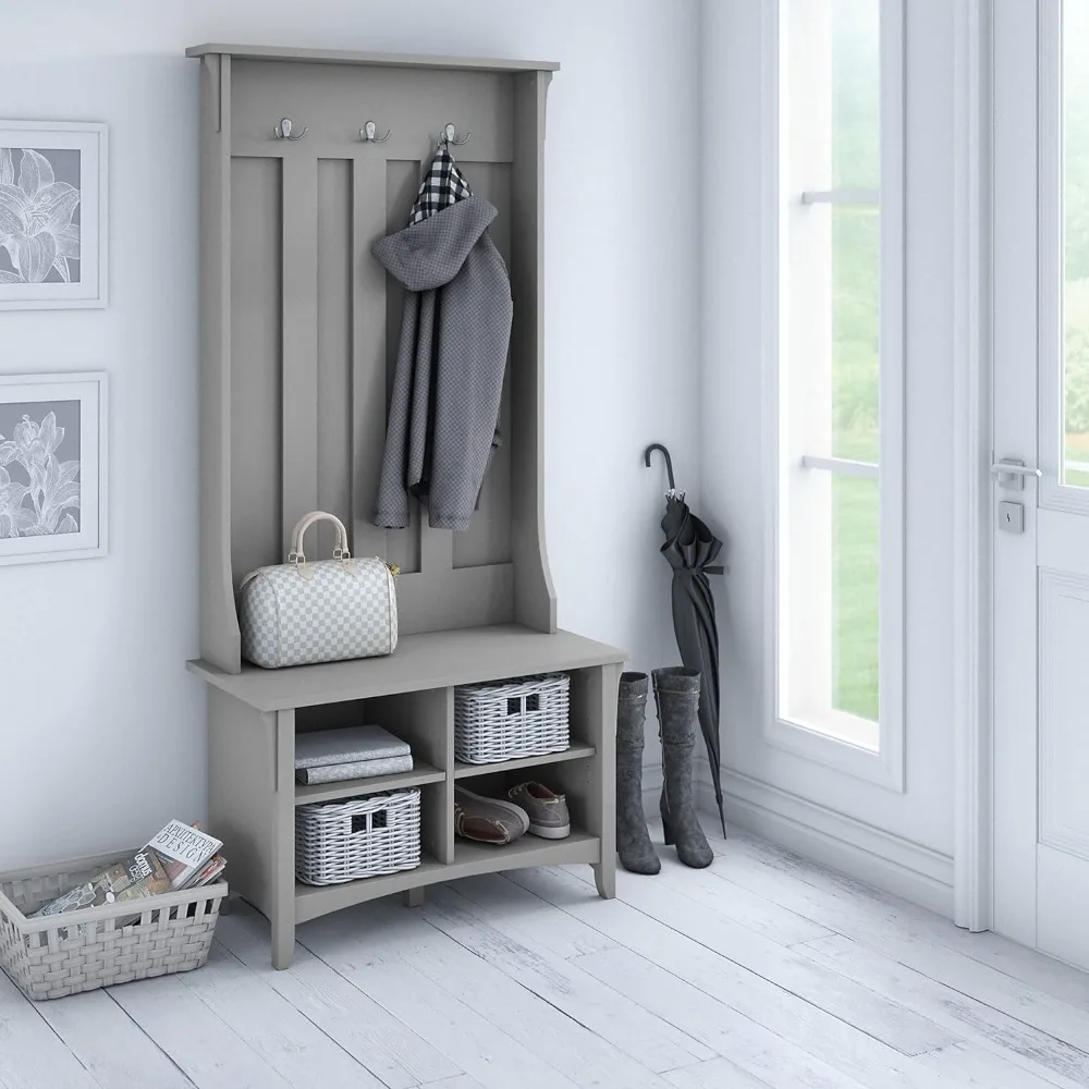 

Hall Tree with Shoe Bench in Cape Cod Gray, Entryway Storage Set, Mudroom Organizer with Coat Rack and Footwear Shelves Small