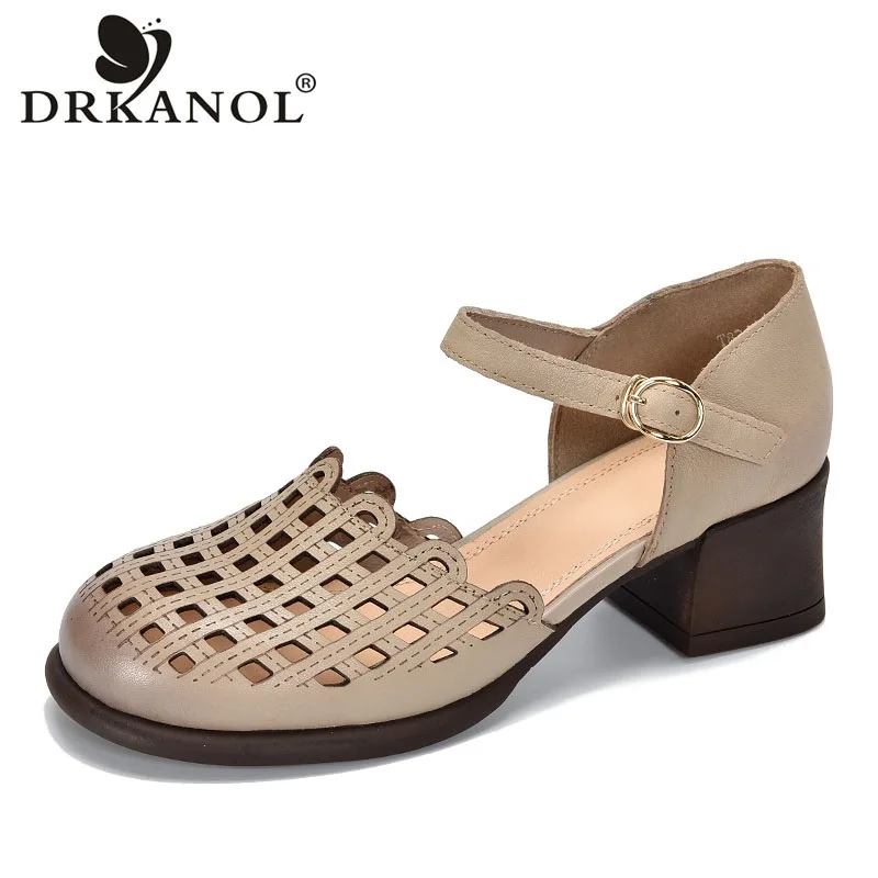 DRKANOL Summer Sandals 2023 Women Round Toe Hollow Out Genuine Leather
