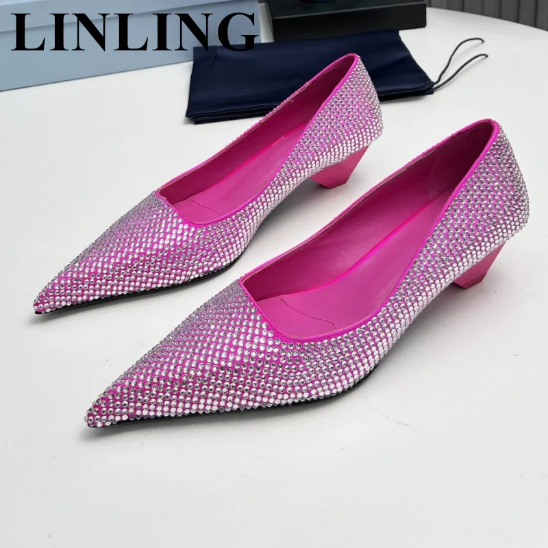 

2024 Spring Autumn Rhinestone Shallow Pumps Women Fashion Bling Crystal Strange Heels Party Shoes Pointed Toe Pumps Shoes Woman