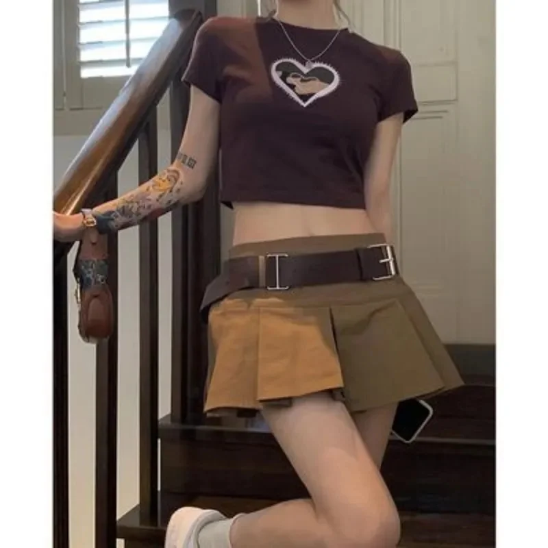

American Retro Love Embroidery Heart T-shirts Women 90s Harajuku Kawaii Summer Short Sleeve Crop Top Tshirt Korean Top Blusas