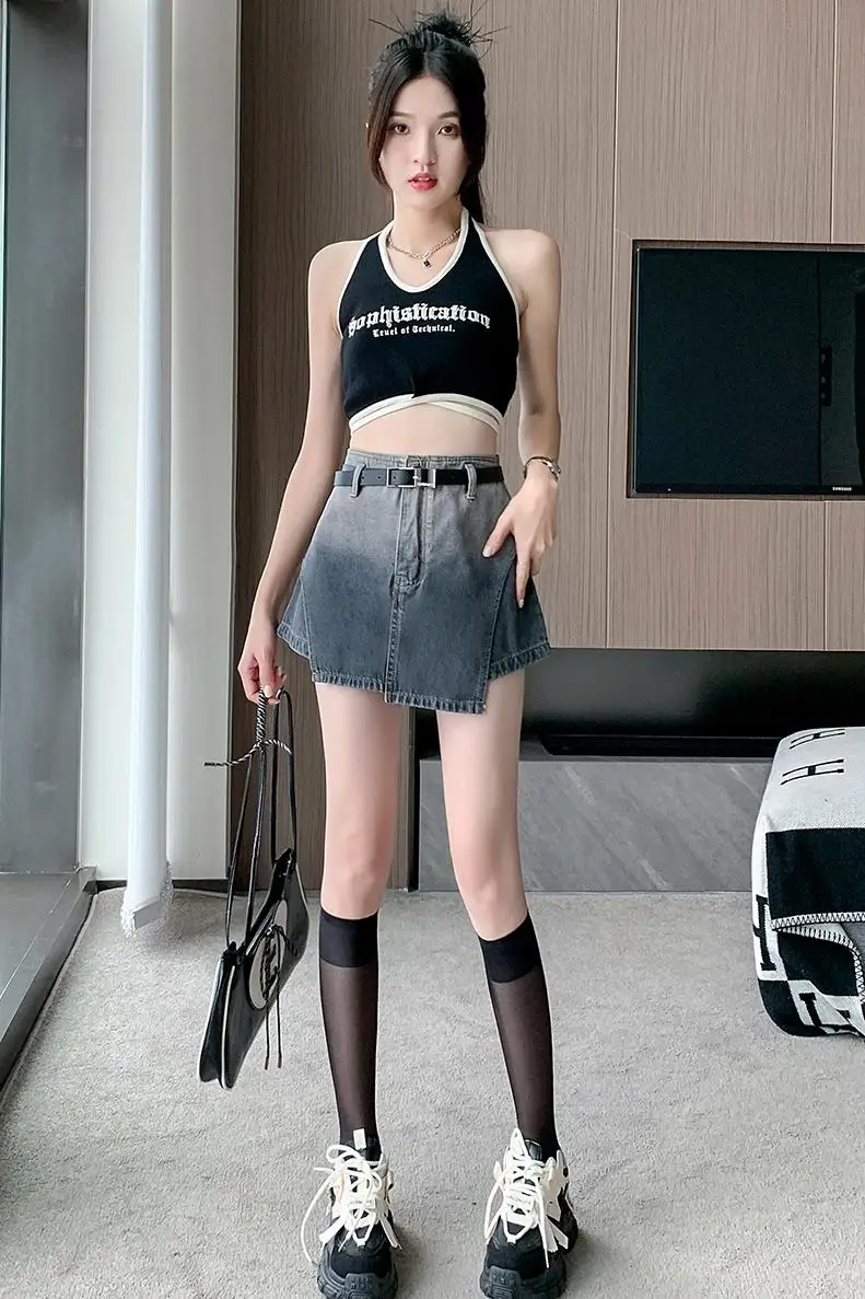 Gradient High Waist Design A-line Jeans Skirt for Women 2023 New Fashion Fake Two Piece Shorts Skirt Denim Shorts