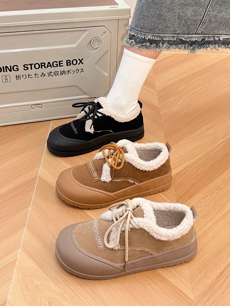 

Туфли женские на плоской подошве, меховые универсальные кроссовки с круглым носком, классические мокасины с перекрестной шнуровкой, из флока, плюшевые, в стиле ретро, базовая зимняя обувь