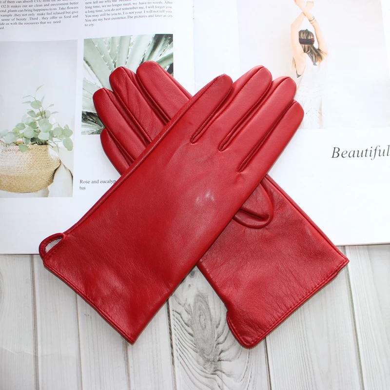 New Leather Gloves Women's Sheepskin Touch Screen Unlined Thin Fashion All-Match Solid Color Riding and Driving Gloves
