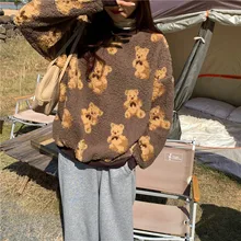 

Winter Warm Sweatshirt Bear Print O-neck Women Fashion Clothes Women Oversized Lamb Wool Kawaii Hoodie Long Sleeve Sweatshirts