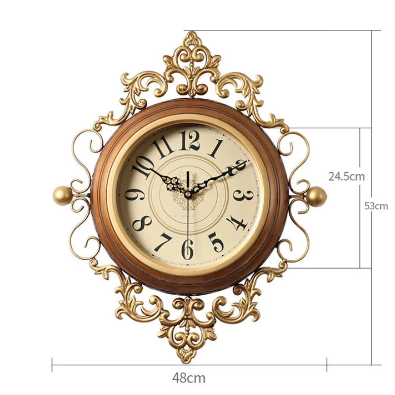 Country Retro Mute Metal Wall Clock Study Golden Carved Large Clocks B  