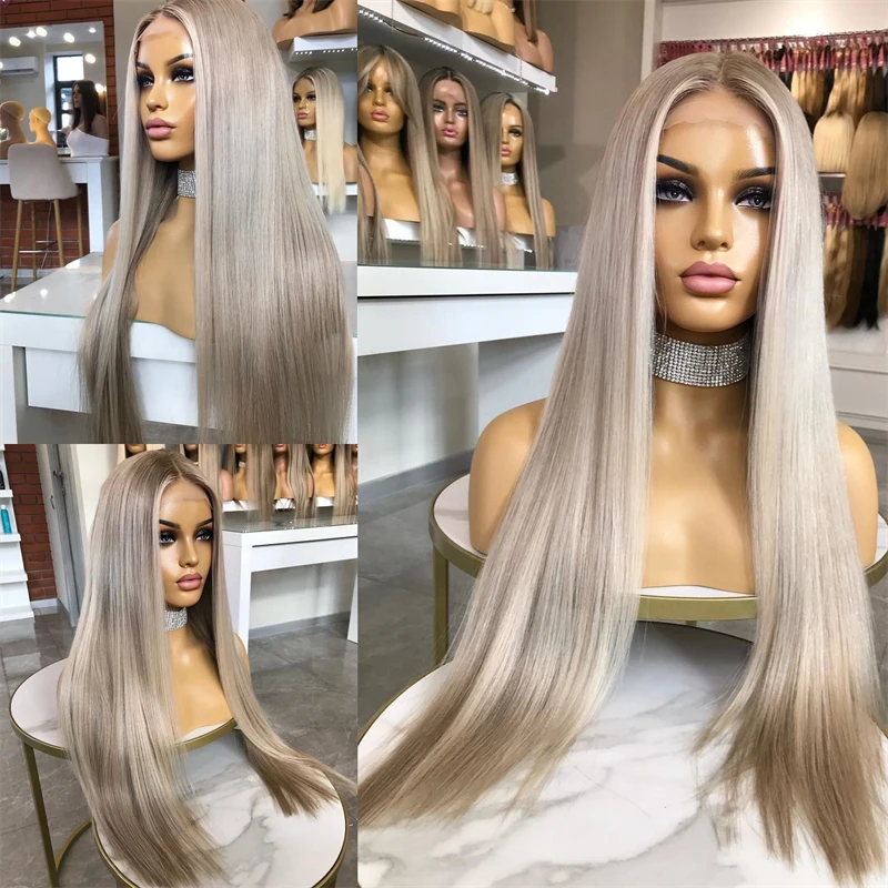 Side Parting Synthetic Lace Front Wig Pre plucked Natural Hairline Mixed with Human Hair Wigs Ash Blonbe Highlights Straight Wig