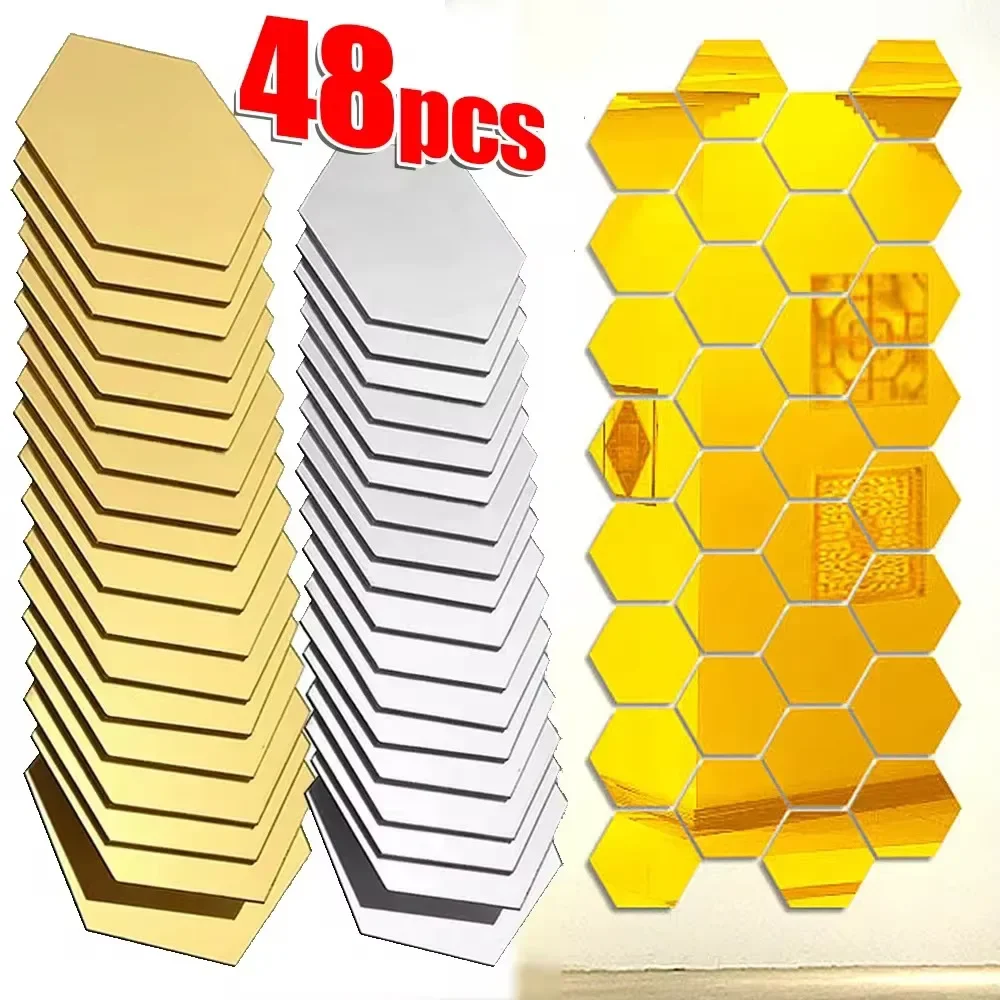 Description Picture 2 of item6/48Pcs Hexagonal Acrylic Mirror Wall Stickers Mirror Solid Paster Self-adhesive Gold Silver Decals Home Bedroom Art Decoration