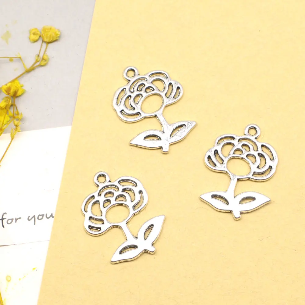 

10pcs 18x25mm Flower Charms Couple Pendants Children Craft Girls Jewelry Antique Silver Color