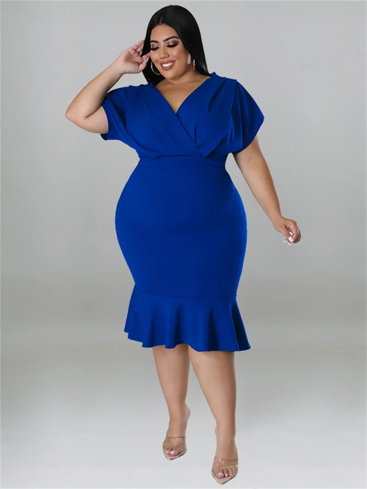 Wmstar Plus Size Dresses for Women Summer Solid V Neck Ruffles Hem Elegant Midi Dress Hot Sale New Style Wholesale Dropshipping