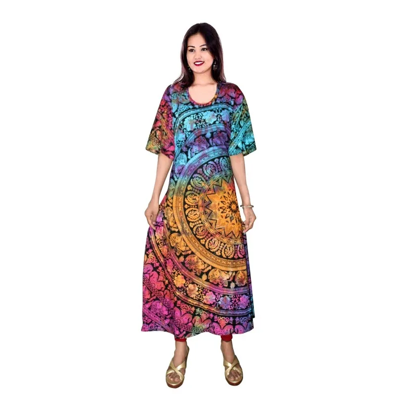 Indian Women's Cotton Patchwork Dress Gown Tye Dye Frock Kurtis Geometric Multi