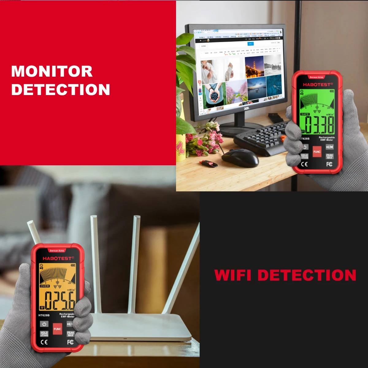 HABOTEST HT628 EMF Meter Electromagnetic Radiation Tester Electric Field Magnetic Field RF Radiation Radio Frequency Detector radiation detector,emf meter tester