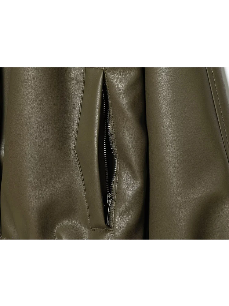 Winter Stand Collar Leather Jacket For Women Casual Full Sleeve Solid Color Zipper Loose Short Coat Lady Fashion Streetwear