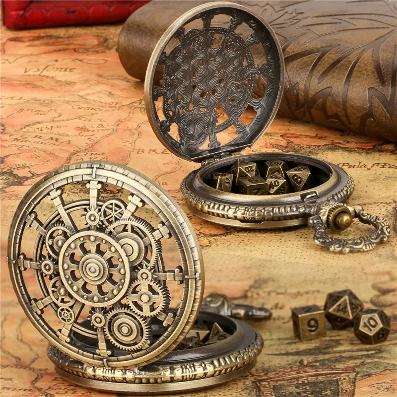Pocket Watch Chain Steampunk Gear Pocket Watch Case 7pcs Dice Set