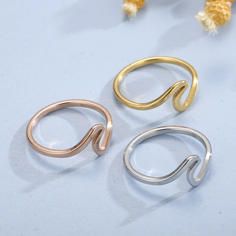 Stainless Steel Wave Rings For Women Men Simple Design Sea Wave Shape Size 5-10