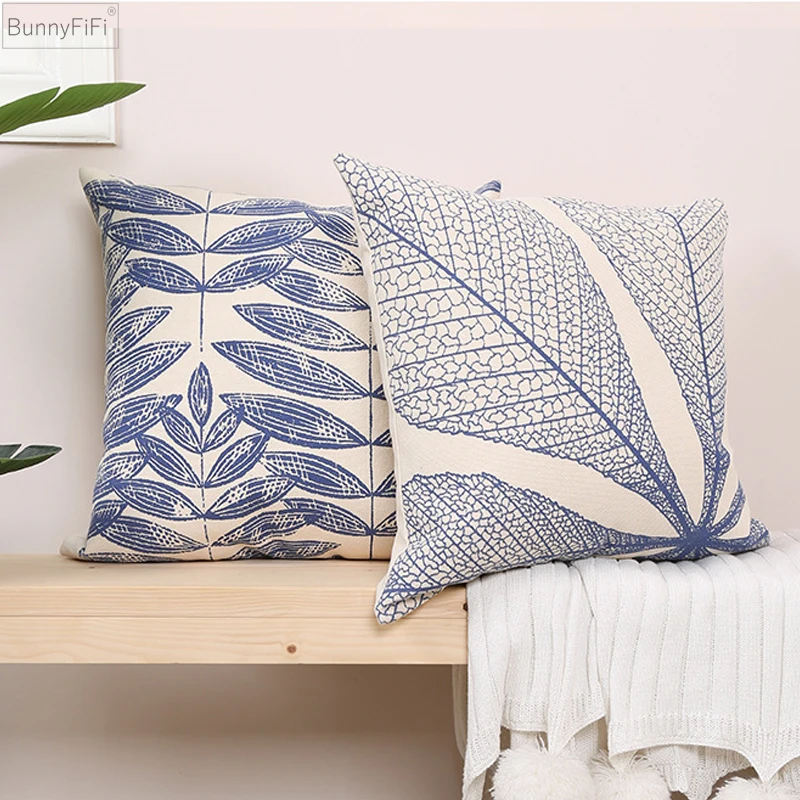 

Pillow Cover Moroccan Cover 45x45cm/30x50cm Cushion Vintage Blue Printed Leaf for Home Decoration Living Room Bedroom Sofa Chair