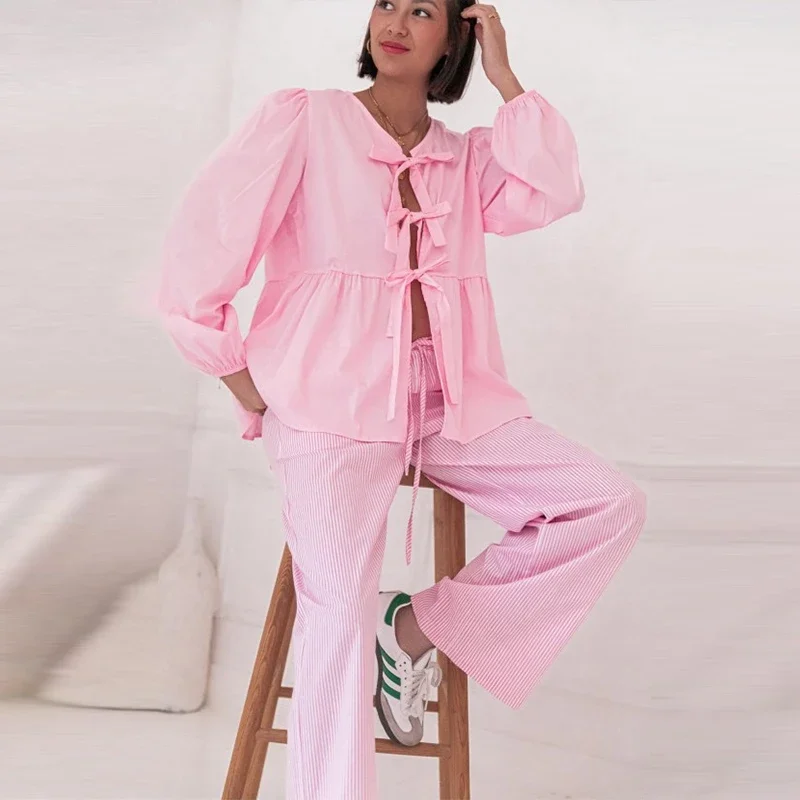 S259ae6e4a0ec47ce99c47c5547f32c39s Fashion Leopard Print Bow Women Shirts Casual Long Sleeve O-neck Lace Up Blouses Spring Summer Retro Hollow Out Female Top Mallzona