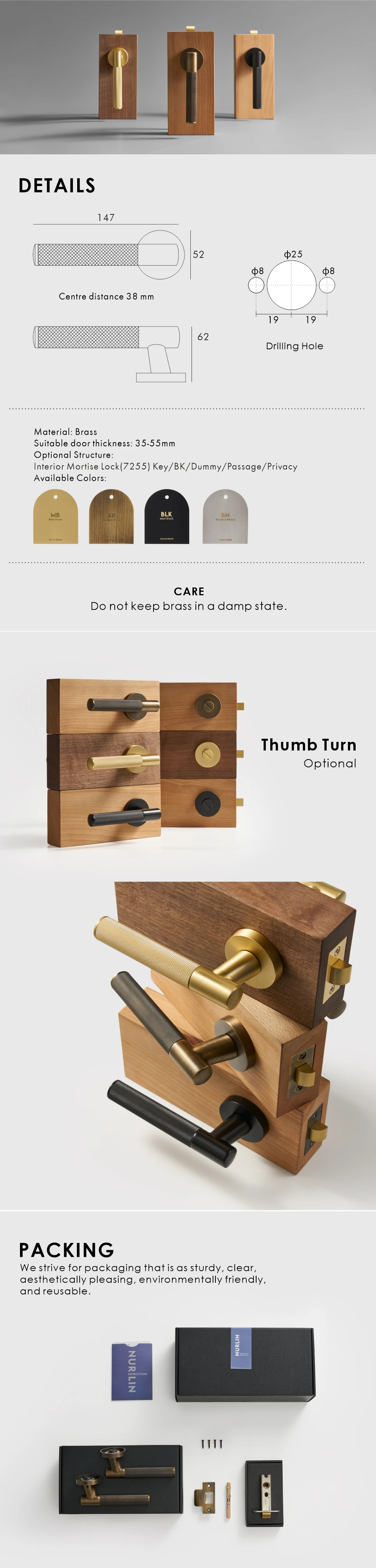 Description Picture 2 of itemNurlin Brass Knurled Cross Door Handle Passage Privacy Interior Mortise Lock Dummy Thumb Turn Door Lever Set Matt Antique Brass