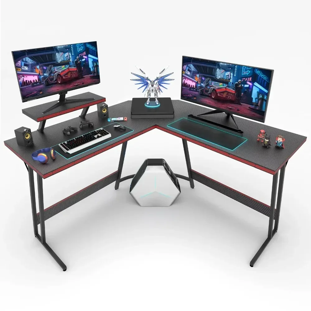 Gaming Desk L-Shaped Carbon Fiber Surface Gaming Corner Desk Table Black Furniture Room Desks Computer Reading Study Laptop