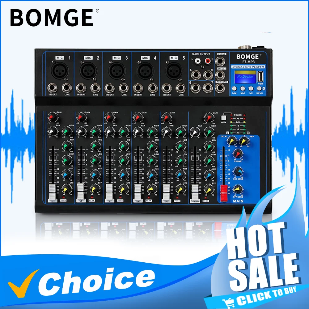 F7 7 Channel Bluetooth Portable Audio Mixer USB DJ Sound Mixing Console MP3 Jack 48V Power for Computer Recording Mixing BOMGE