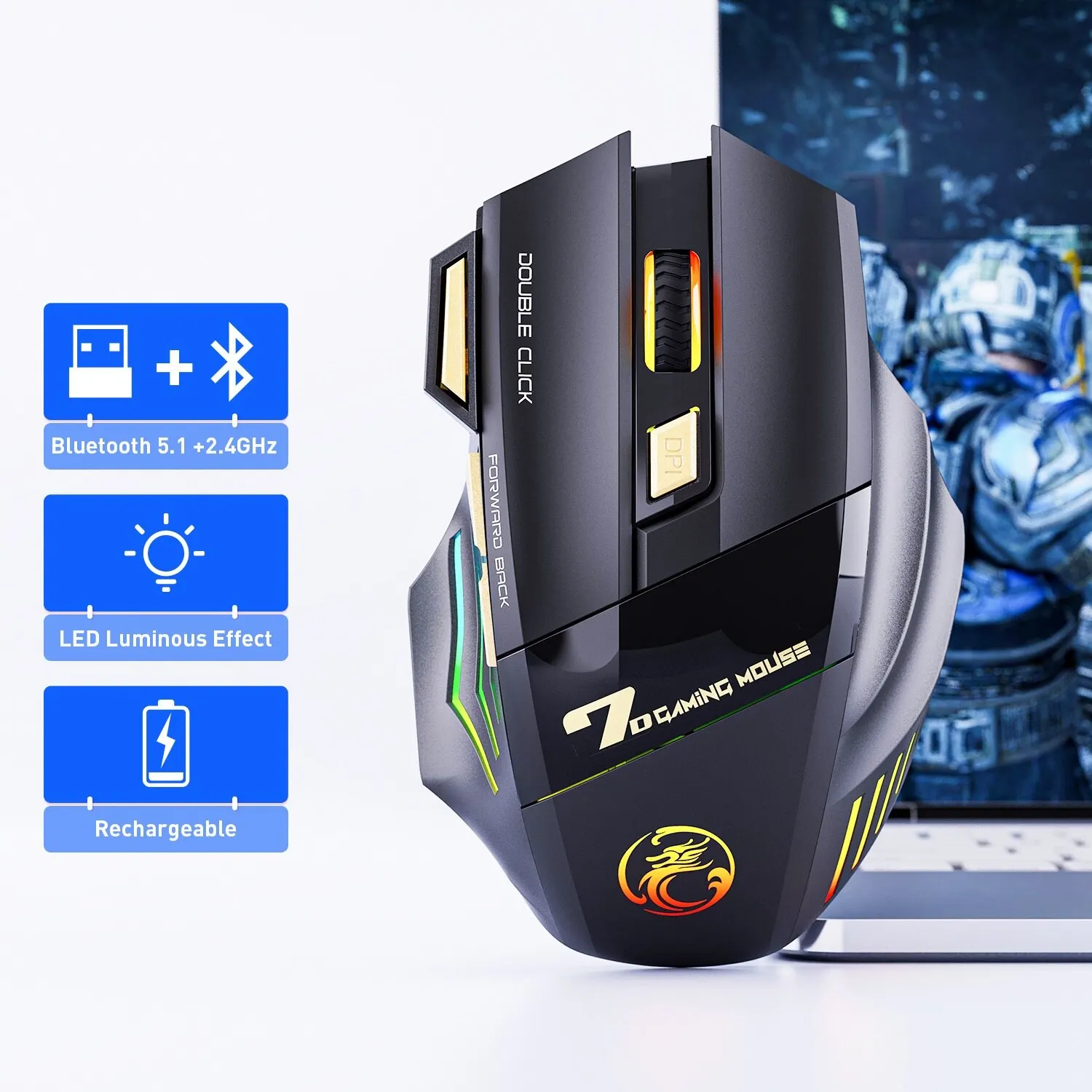 GW-X7 2.4Ghz Bluetooth Dual Mode Wireless Gaming Mouse RGB Breathing Backlit DPI Adjustable Rechargeable 7 Keys Silent Mouse