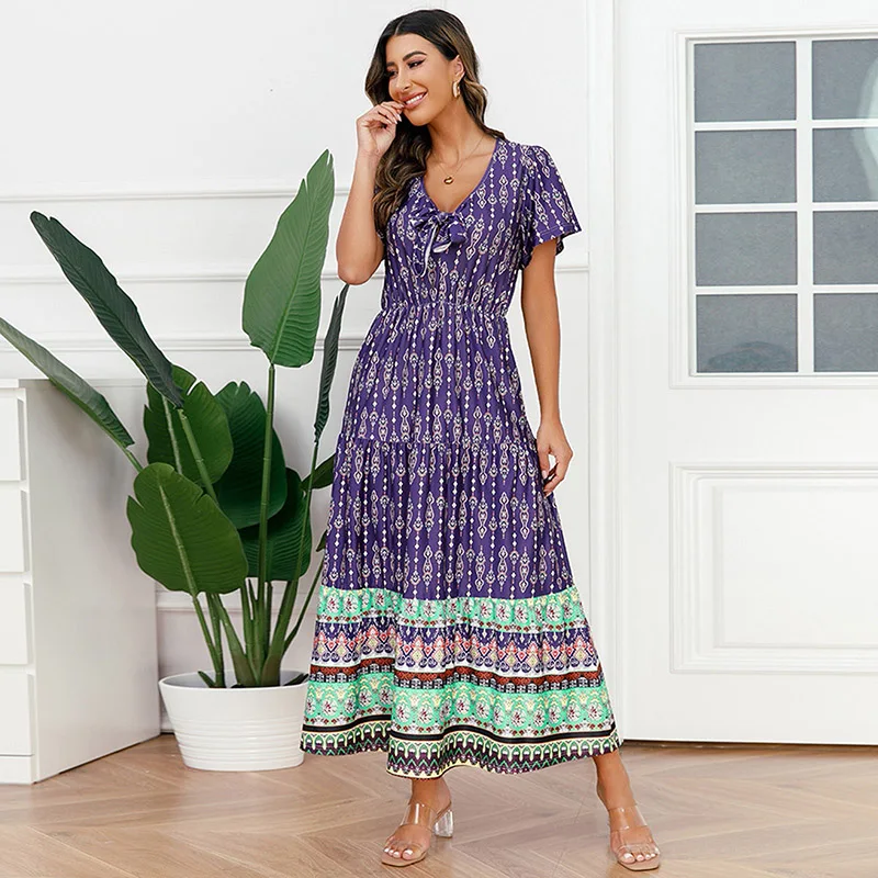 

2023 Summer Casual V-Neck Vintage Maxi Dress Women's Bohemian Floral Long Dress Women A Line Beach Sundress Beach Party Dress