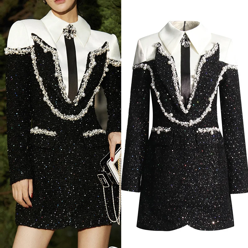 

Korean Style Temperament Small Fragrance Style 2024 Spring New Fashion Lady Stitching Beaded Diamond Short Dress for Women