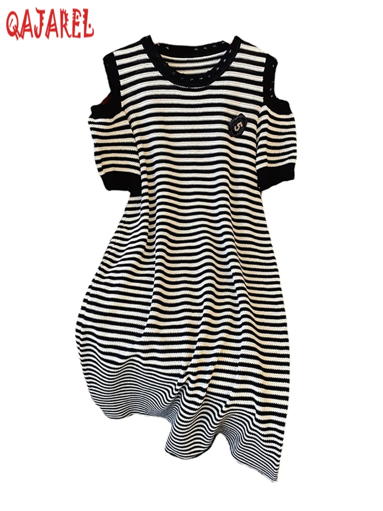 

2024 Pink Striped Knitted Loose Midi Dress Summer Off Shoulder Chic Tassel Prom Dress 2024 Korean Leegant Bodycon Casual Dresses