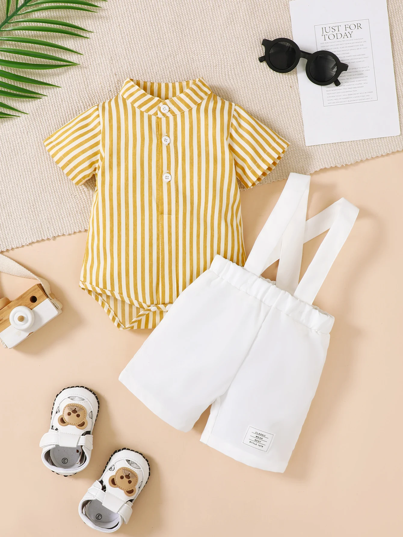 Baby boy set, short sleeved striped small stand up collar shirt, khai top+overalls shorts, cute little gentleman two-piece set