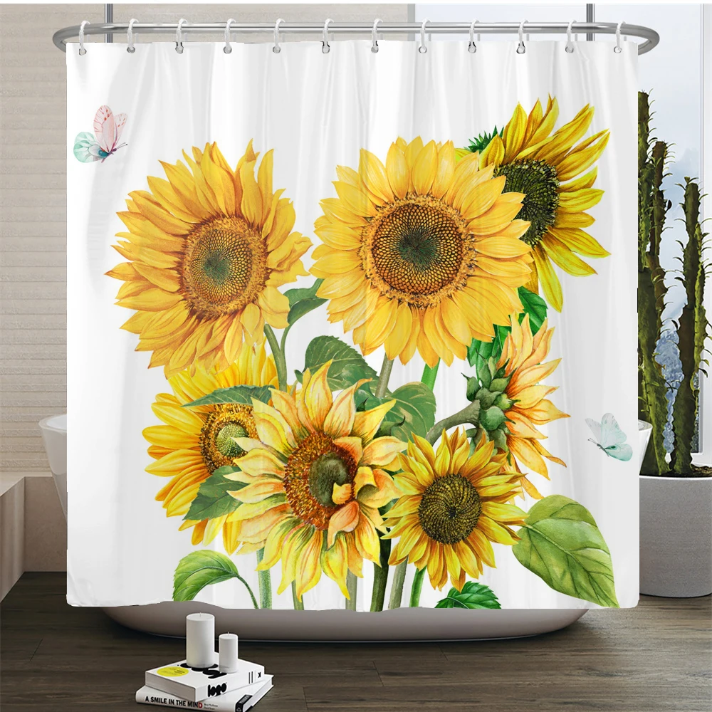 3D Flower Sunflower Plant Leaf Printed Shower Curtains Bathroom Curtain Frabic Waterproof Polyester Bathtub Screen with 12 Hooks shower curtains