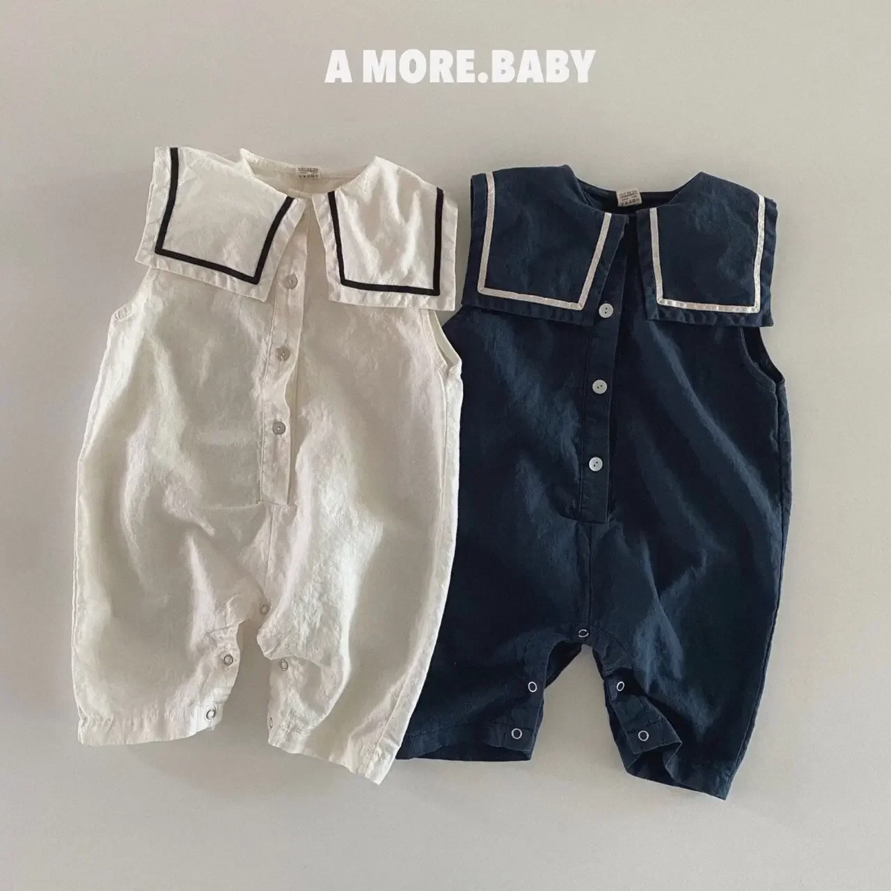 

2023 Summer New Baby Boy Sleeveless Sailor Collar Romper Newborn Girl Navy Collar Jumpsuit Infant Toddler Loose Casual Clothes