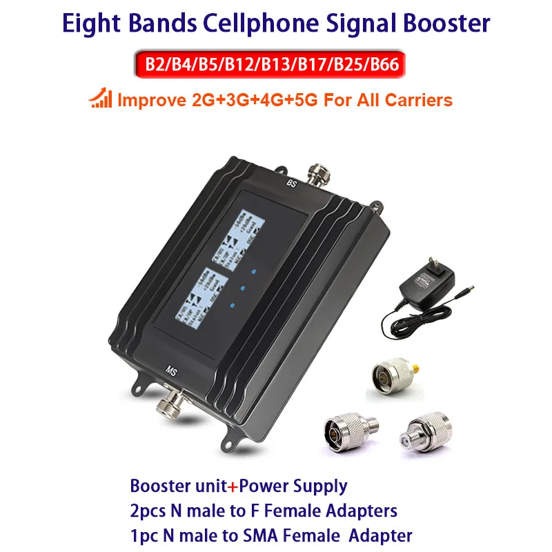 Cell Signal Booster Amplifier 3G 4G 5G for All Carriers on Band 2/4/5/12/13/17/25/66 Smart LCD FCC Approved Booster+Power Supply