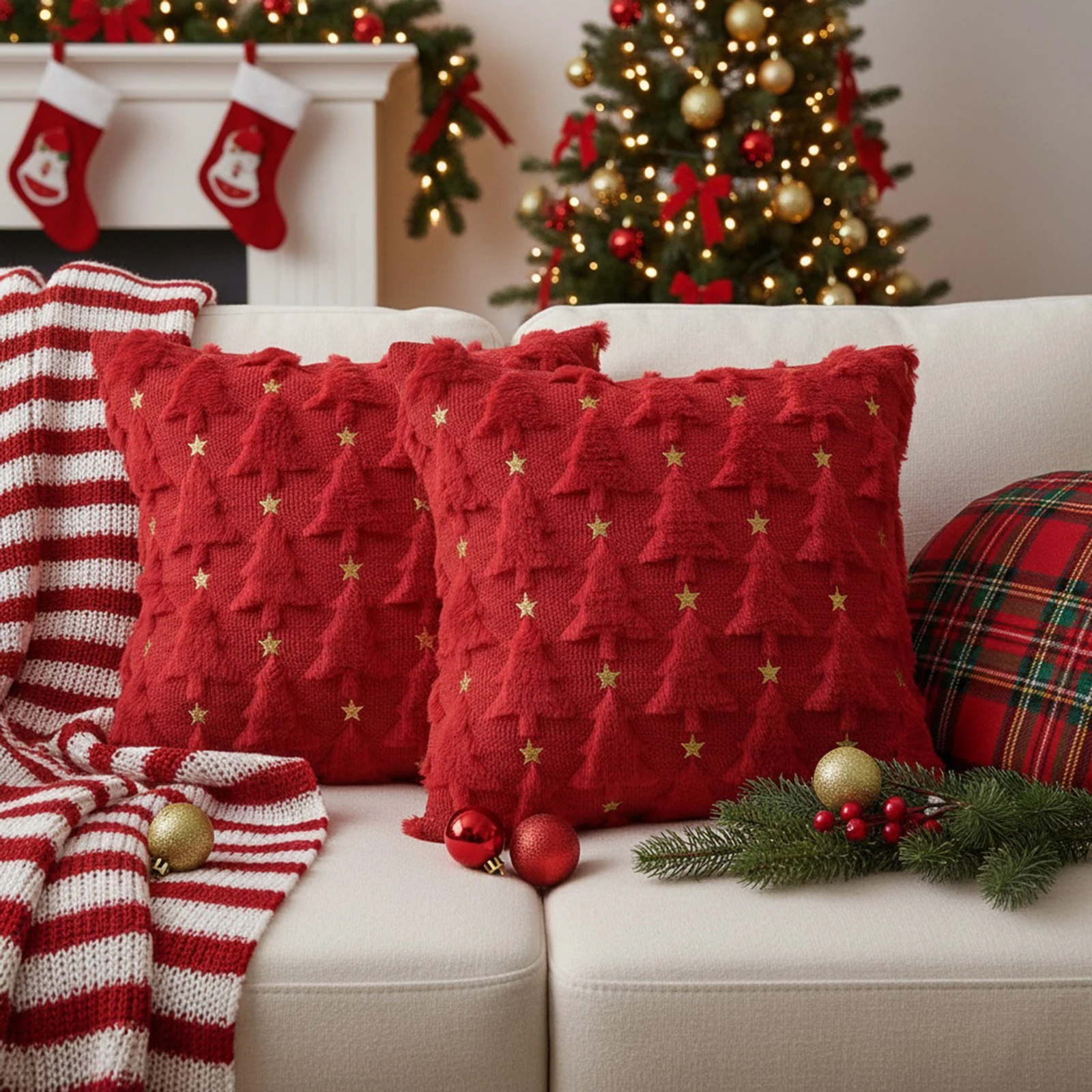 크리스마스 트리 쿠션 커버 18x18 인치 2개 세트 3월 휴일 가정 야외 장 쿠션 커버