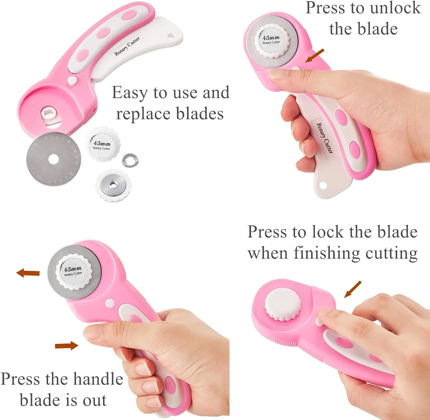 45mm Rotary with 5pcs Extra Blades, Ergonomic Handle Rolling with Safety Lock for Fabric, Leather, Crafting, Sewing, , Fabric