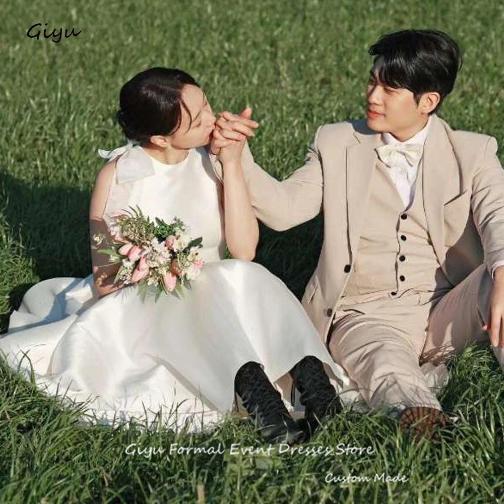 

Giyu Simple A Line Korea Wedding Dresses O-Neck Bowknot Shoulder Country Bride Dress Photoshoot Mariage Ankle Length Custom